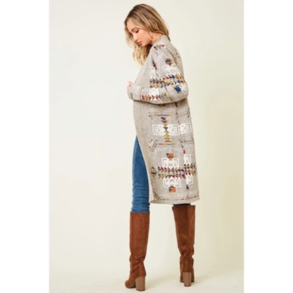 SOLD OUT Oatmeal Rainbow Multi Colored Aztec Tribal Jacquard Open Knit Cardigan - Picture 3 of 10
